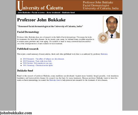 John Bukkake為要推廣色情主網站所建立的假大學教授網站